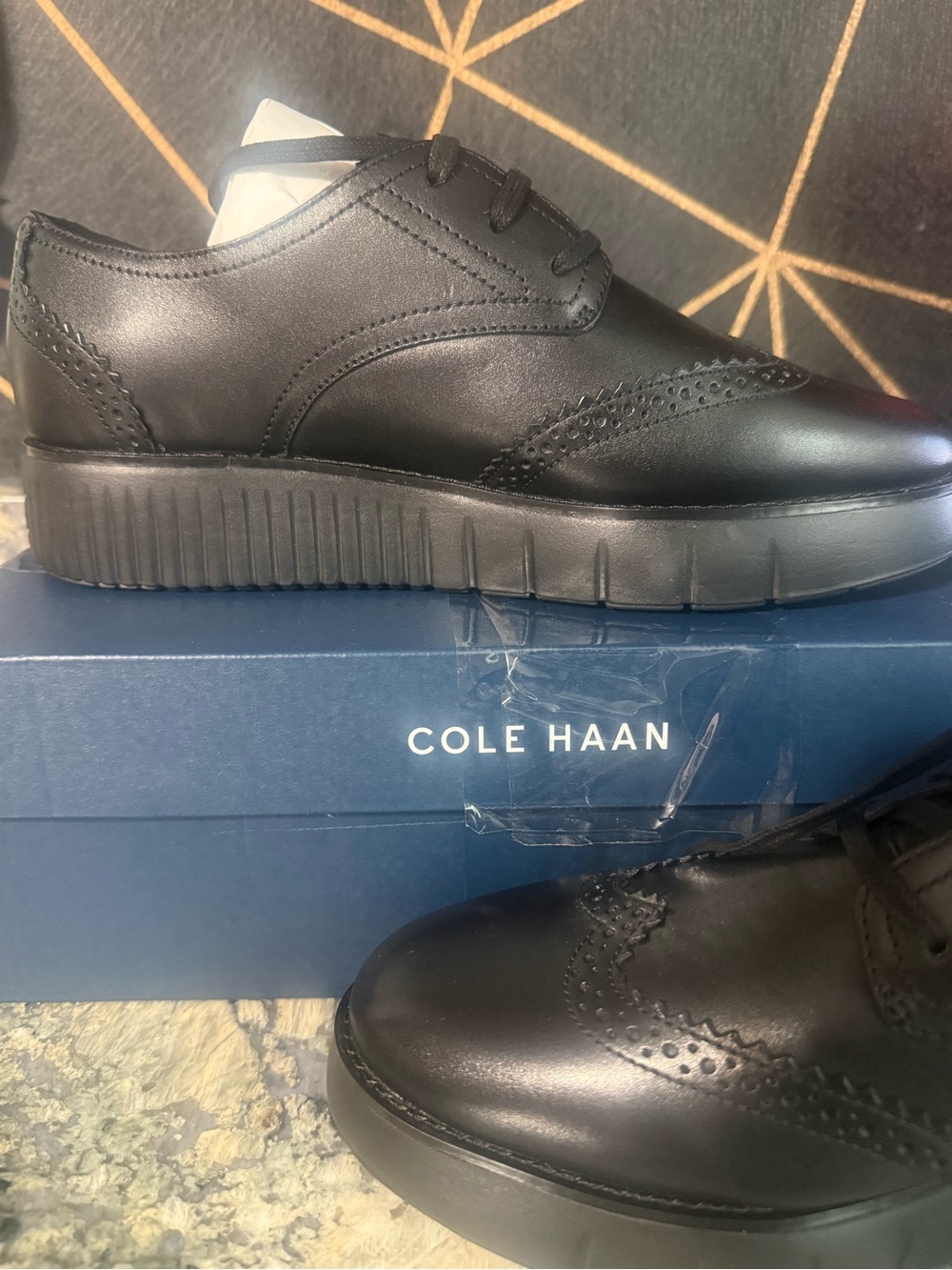 Cole Haan Black Leather Wingtip Derby with Platform Sole